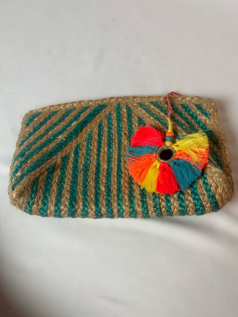 Woven Jute Clutch Bag Teal Natural Boho Tassel Zipper Pull Beach Tropical Vacay